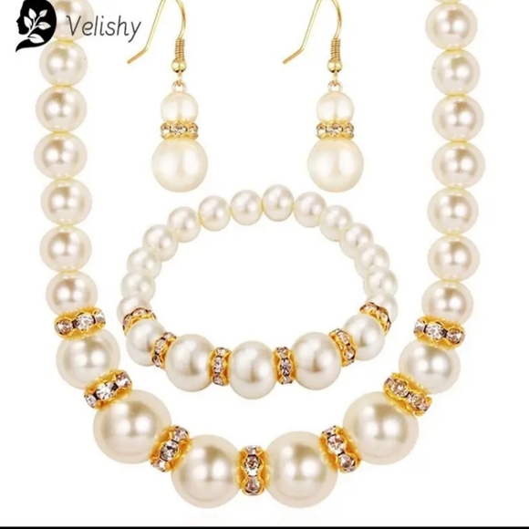 Gold-silver plated inlaid crystal jewlery set pearls earrings necklace & bracele - Picture 7 of 8